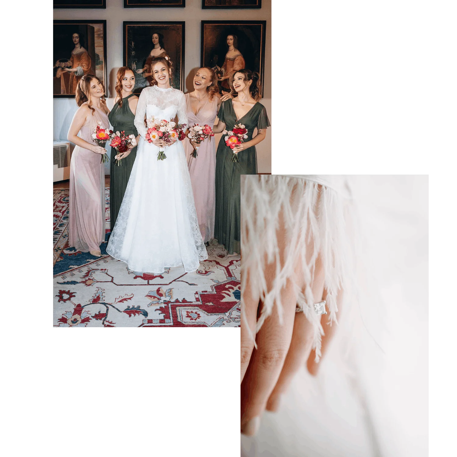 Nevěsta s družičkami a detail ruky s prstýnkem / Bride with bridesmaids and detail of a hand with a ring / Braut mit Brautjungfern und Detail einer Hand mit Ring